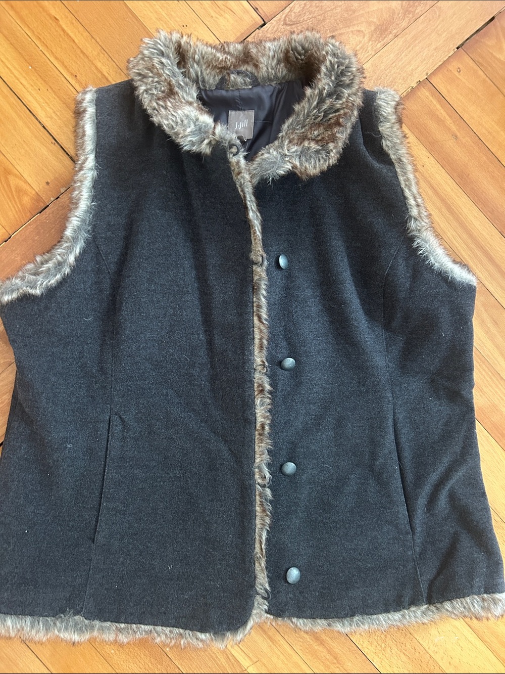 J. Jill Charcoal Gray Faux-Fur Trim Wool-look Vest